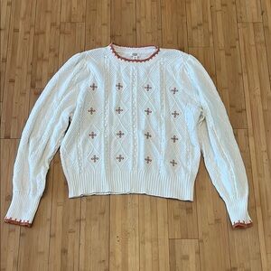 a.n.a White and Orange Crew Neck Sweater with Star Pattern